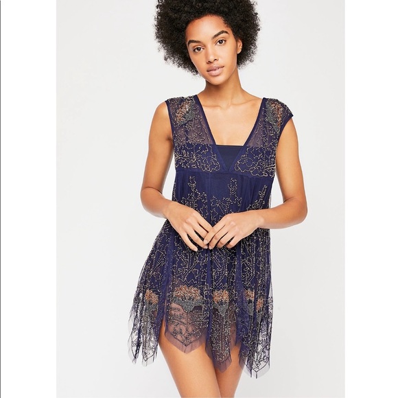 Free People Beaded Ethereal Mesh V-Neck Slip Dress - Picture 2 of 5